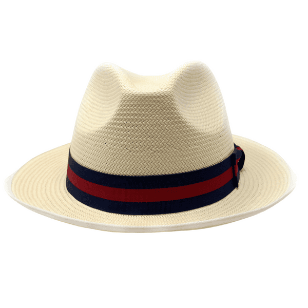 Snap Brim Panama Style Summer Fedora Hat with Navy and Red Stripe Band