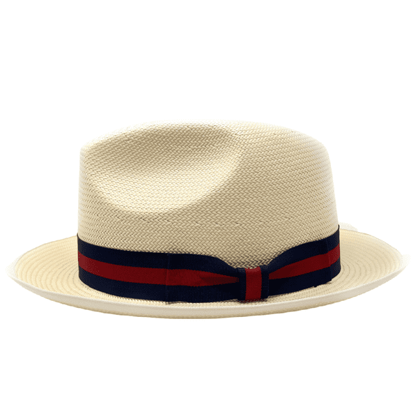 Snap Brim Panama Style Summer Fedora Hat with Navy and Red Stripe Band