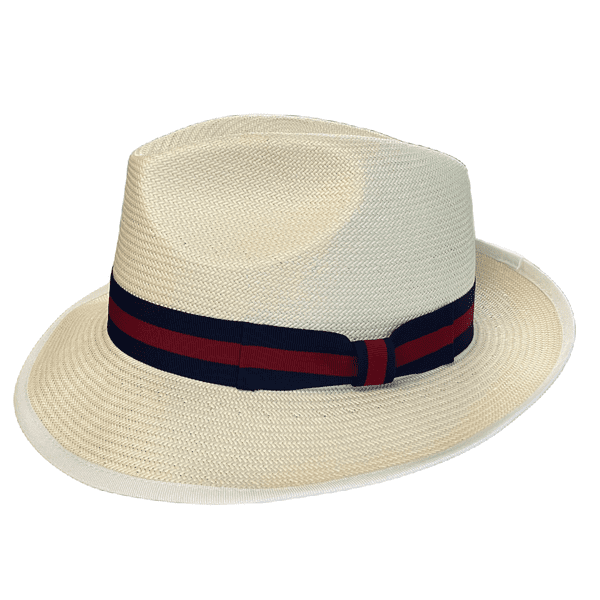 Snap Brim Panama Style Summer Fedora Hat with Navy and Red Stripe Band