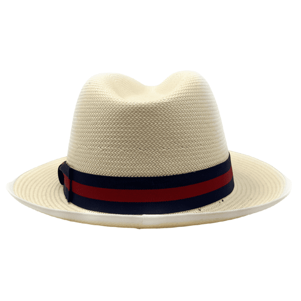 Snap Brim Panama Style Summer Fedora Hat with Navy and Red Stripe Band