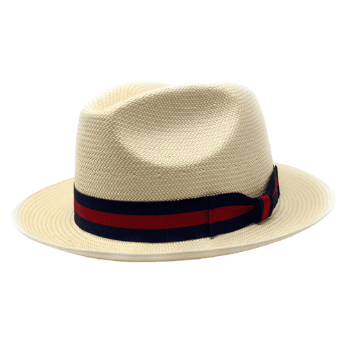 Snap Brim Panama Style Summer Fedora Hat with Navy and Red Stripe Band