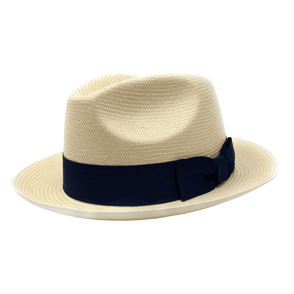Snap Brim Panama Style Summer Fedora Hat with Navy Band