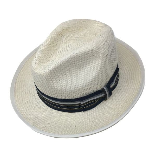 Snap Brim Panama Style Summer Fedora Hat with Navy & Blue Band
