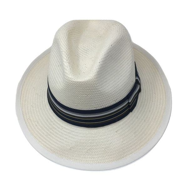 Snap Brim Panama Style Summer Fedora Hat with Navy & Blue Band