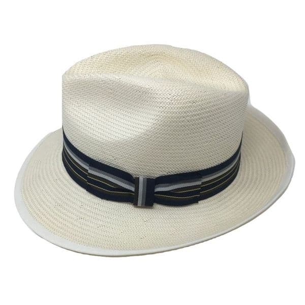 Snap Brim Panama Style Summer Fedora Hat with Navy & Blue Band