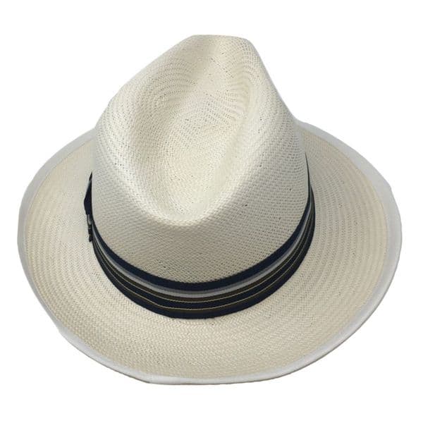 Snap Brim Panama Style Summer Fedora Hat with Navy & Blue Band