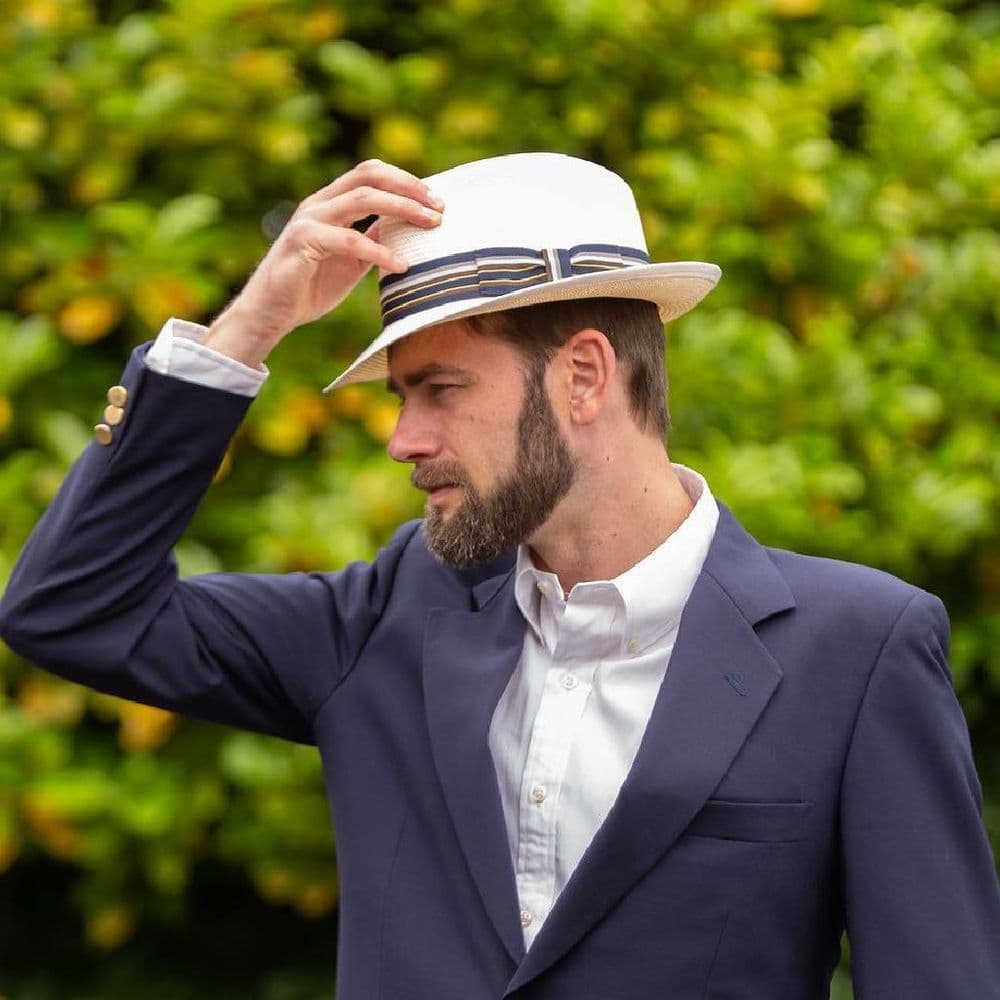 Snap Brim Panama Style Summer Fedora Hat with Navy & Blue Band display picture 1
