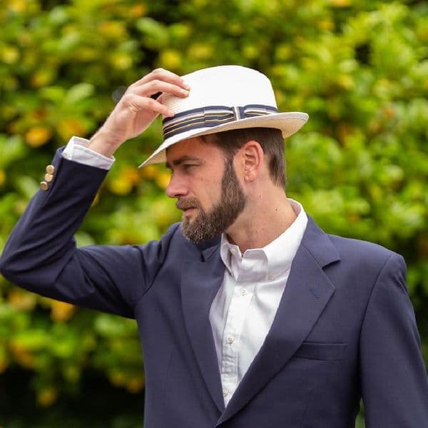 Snap Brim Panama Style Summer Fedora Hat with Navy & Blue Band