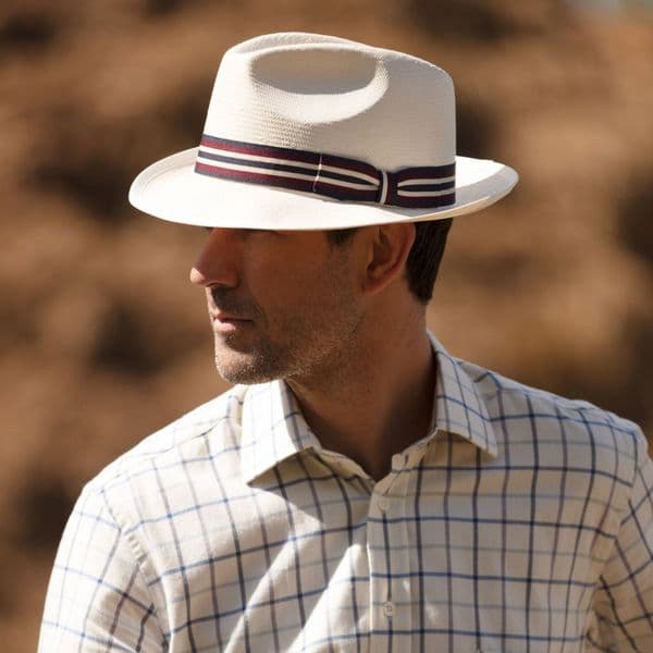 Snap Brim Panama Style Summer Fedora Hat with Navy & Burgundy Band