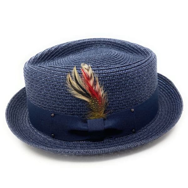 Straw Diamond Crown Packable Pork Pie Hat with Removable Feather - Black