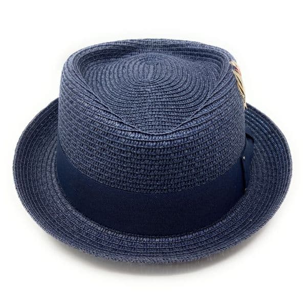 Straw Diamond Crown Packable Pork Pie Hat with Removable Feather - Blue