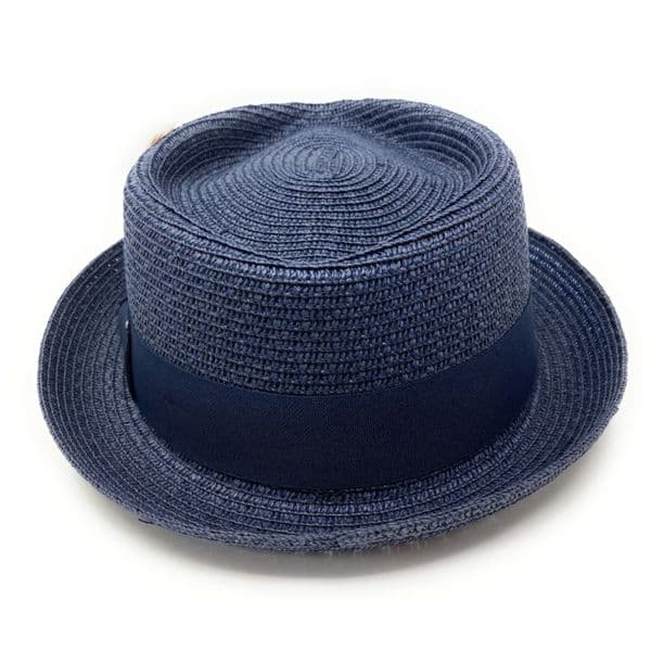 Straw Diamond Crown Packable Pork Pie Hat with Removable Feather - Blue