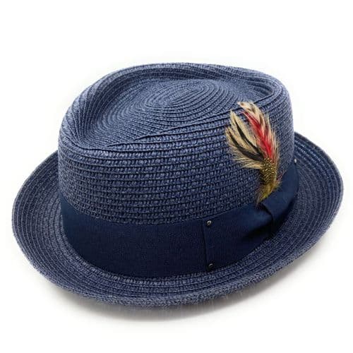 Straw Diamond Crown Packable Pork Pie Hat with Removable Feather - Blue