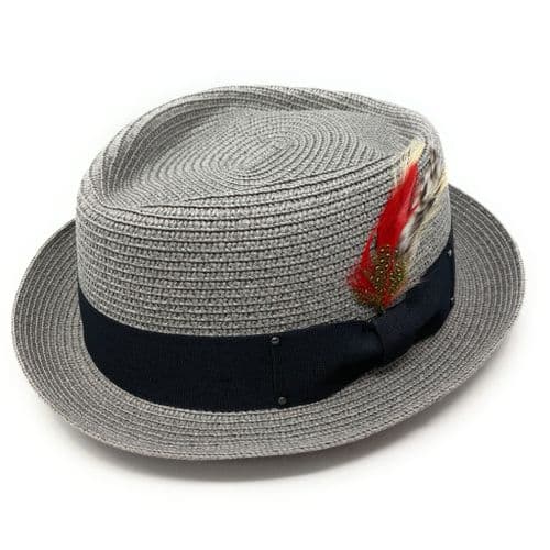 Straw Diamond Crown Packable Pork Pie Hat with Removable Feather - Grey