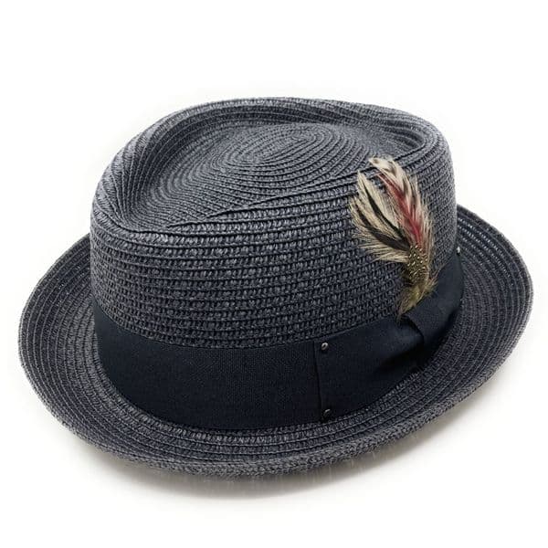 Straw Diamond Crown Pork Pie Hat with Removable Feather - Black