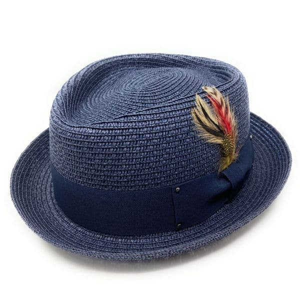 Straw Diamond Crown Pork Pie Hat with Removable Feather - Blue