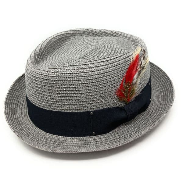 Straw Diamond Crown Pork Pie Hat with Removable Feather - Grey