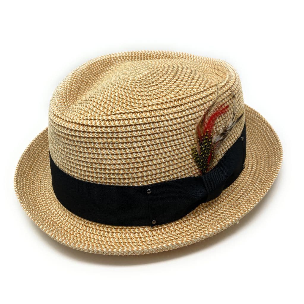 Straw Diamond Crown Pork Pie Hat with Removable Feather Grey