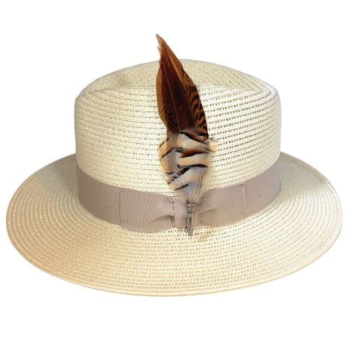 Straw Fedora Summer Hat - Cream with Beige Band & Country Feather Brooch - Pudlicote