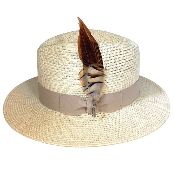 Straw Fedora Summer Hat - Cream with Beige Band & Country Feather Brooch - Pudlicote