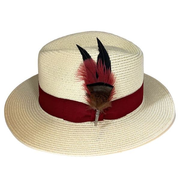 Straw Fedora Summer Hat - Cream with Burgundy Band & Country Feather Brooch - Farmcote