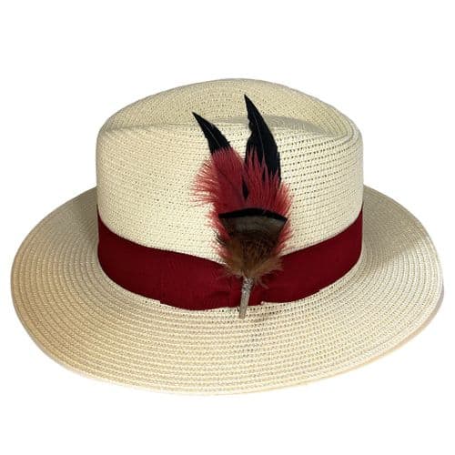 Straw Fedora Summer Hat - Cream with Burgundy Band & Country Feather Brooch - Farmcote