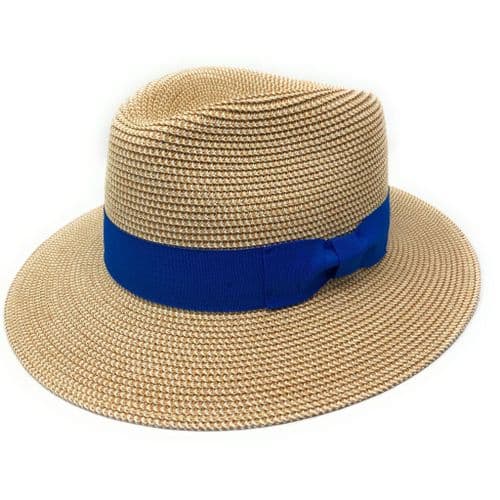 Straw Fedora Summer Hat - Natural with Blue Band