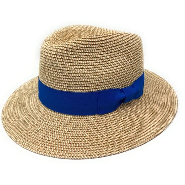 Straw Fedora Summer Hat - Natural with Blue Band