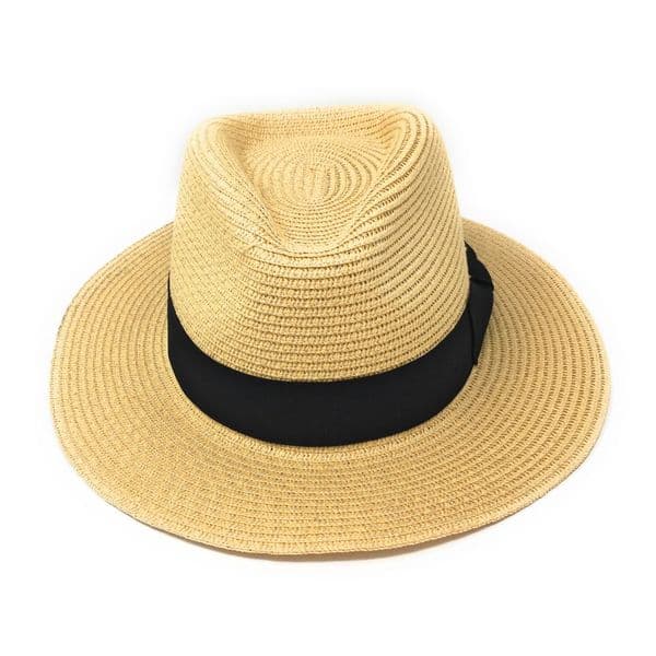 Straw Fedora Summer Hat - Packable - Natural with Black Band
