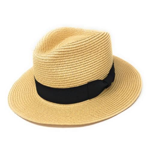 Straw Fedora Summer Hat - Packable - Natural with Black Band