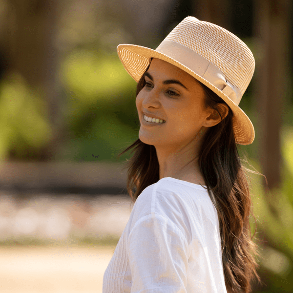 Straw Fedora Summer Hat with Light Brown Band