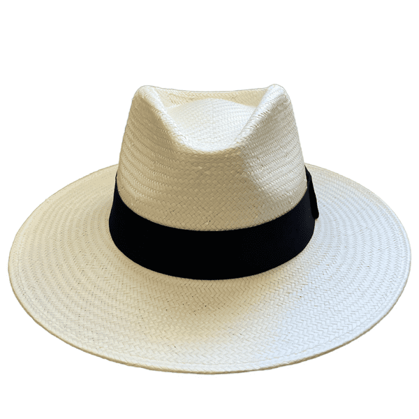 Straw Fedora Summer Hat with Wide Brim - Off-White with Black Band