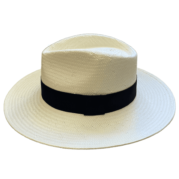 Straw Fedora Summer Hat with Wide Brim - Off-White with Black Band