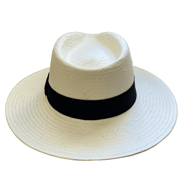 Straw Fedora Summer Hat with Wide Brim - Off-White with Black Band