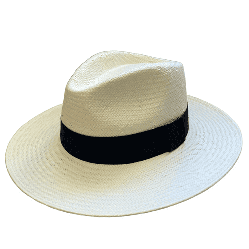 Straw Fedora Summer Hat with Wide Brim - Off-White with Black Band
