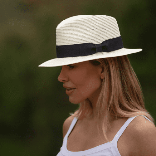 Straw Fedora Summer Packable Hat - Cream with Black Band