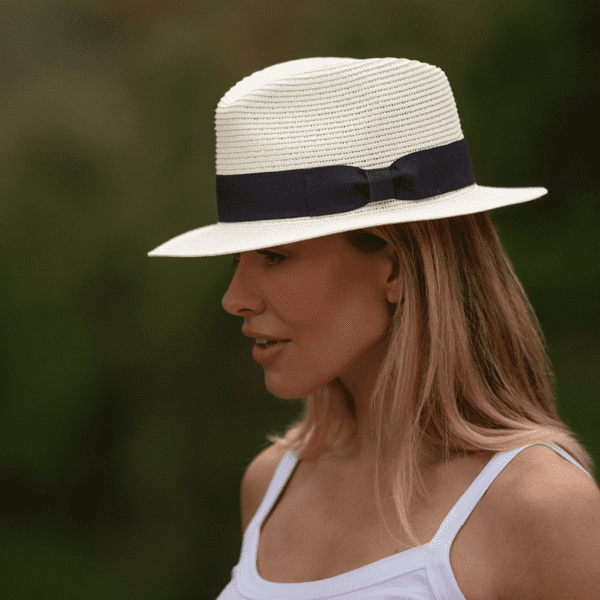 Straw Fedora Summer Packable Hat - Cream with Black Band