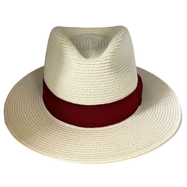 Straw Fedora Summer Packable Hat - Cream with Burgundy Band
