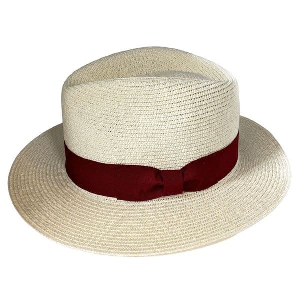Straw Fedora Summer Packable Hat - Cream with Burgundy Band