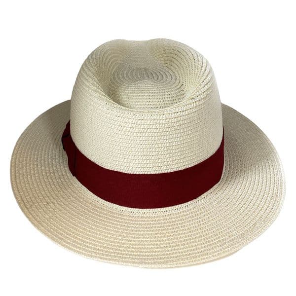 Straw Fedora Summer Packable Hat - Cream with Burgundy Band