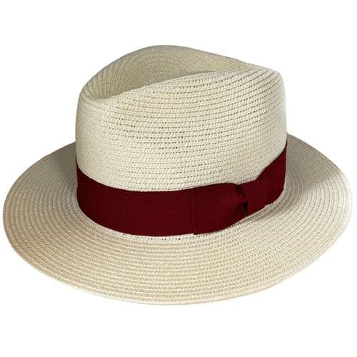 Straw Fedora Summer Packable Hat - Cream with Burgundy Band