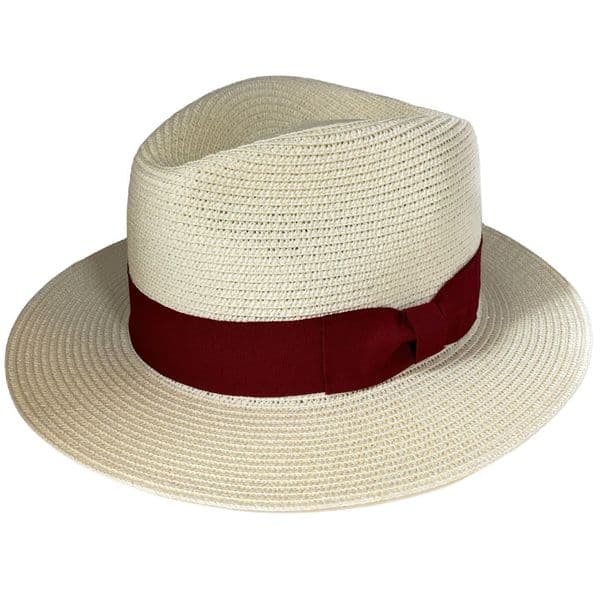 Straw Fedora Summer Packable Hat - Cream with Burgundy Band