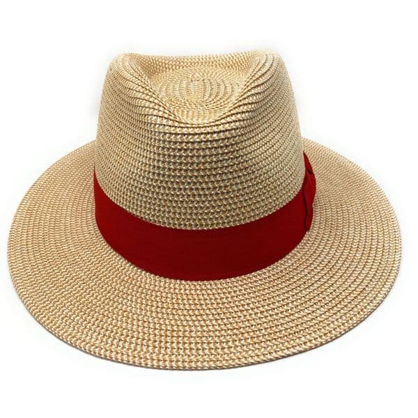 Straw Fedora Summer Packable Hat - Natural with Red Band