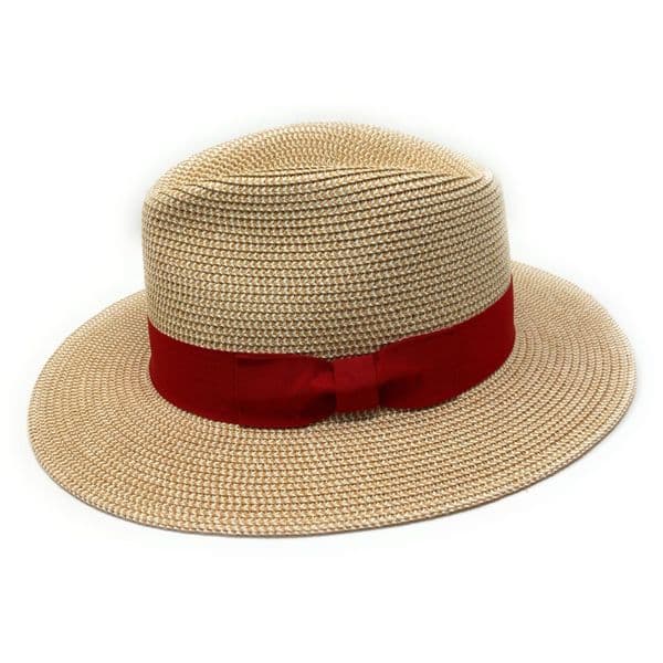 Straw Fedora Summer Packable Hat - Natural with Red Band