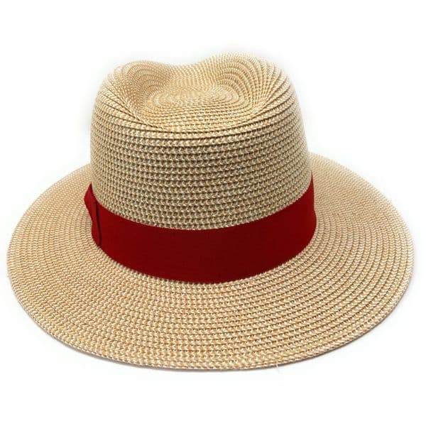 Straw Fedora Summer Packable Hat - Natural with Red Band