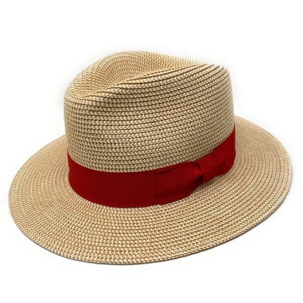 Straw Fedora Summer Packable Hat - Natural with Red Band