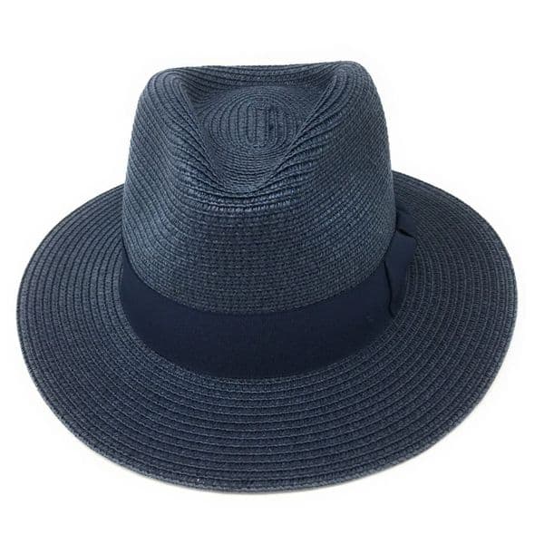 Straw Fedora Summer Packable Hat - Navy Blue