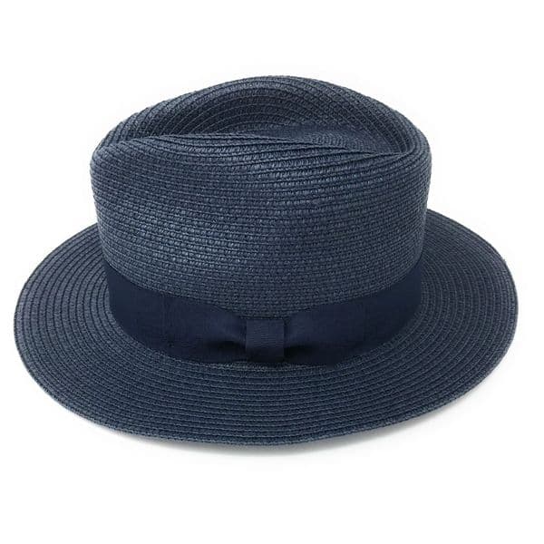 Straw Fedora Summer Packable Hat - Navy Blue