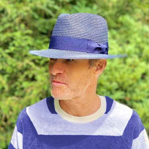 Straw Fedora Summer Packable Hat - Navy Blue