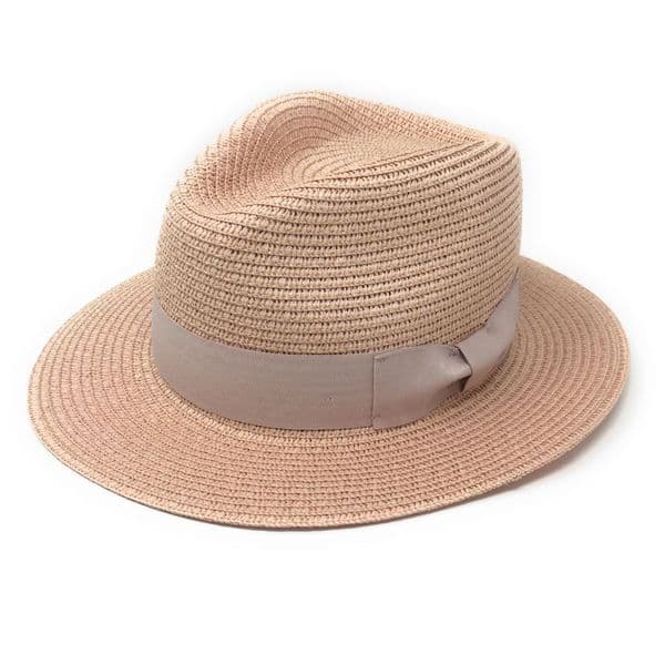 Straw Fedora Summer Packable Hat - Pink